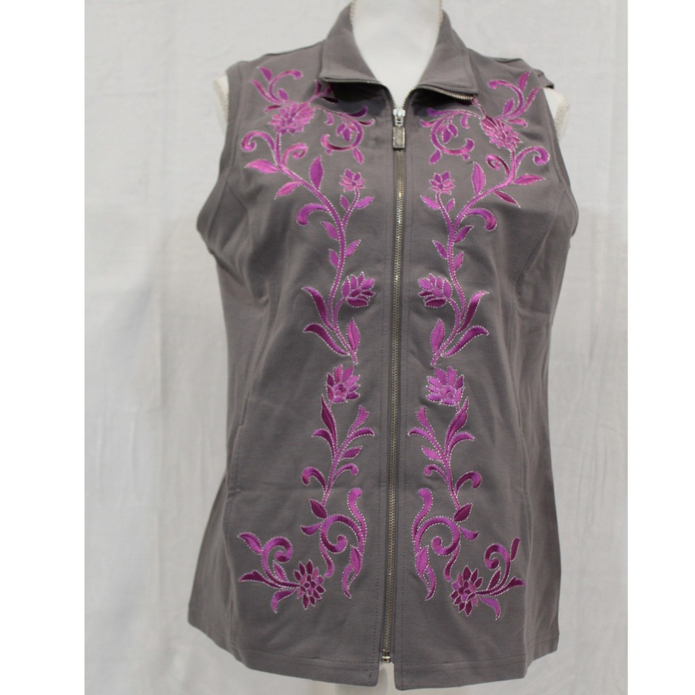 Bob Mackie Wearable Art Embroidered Zip Vest Gray Purple Floral‎ Small Pristine